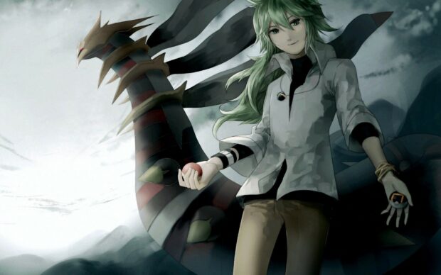 Giratina trainer standing confidently with Giratina in the background in dark misty setting