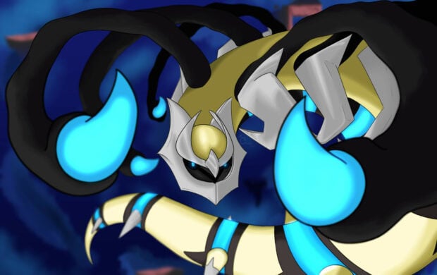 Giratina character with glowing blue flames in a dark mystical setting