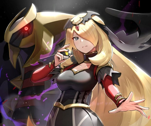 Giratina character with long blonde hair and dark outfit standing confidently with Giratina behind in a glowing dark aura