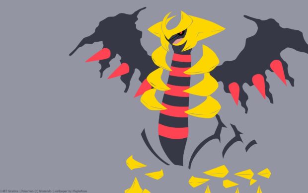 Giratina character with yellow and red accents and shadowy wings on a gray background