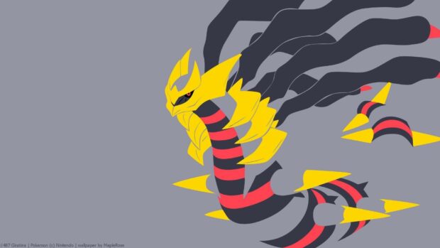 Giratina character with yellow armor and red stripes floating on a gray background