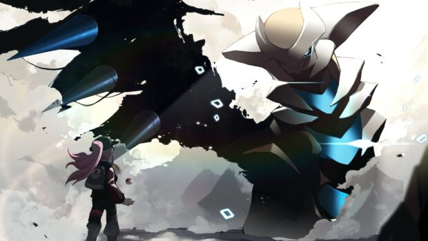 Giratina facing a trainer in a dramatic scene with dark energy and glowing blue accents
