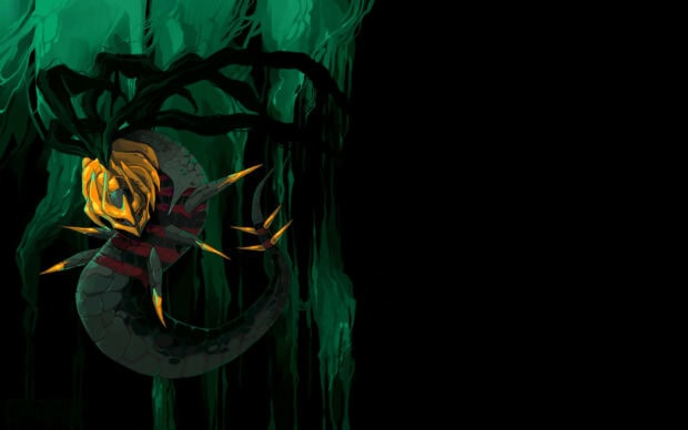 Dark forest with Giratina serpent creature lurking among twisted branches