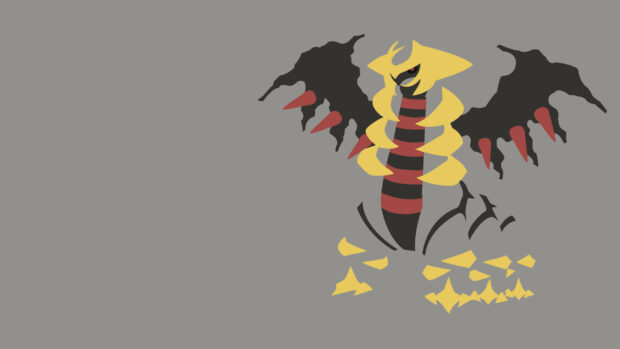 Giratina is a legendary Pokemon with black wings and yellow armor on a gray background