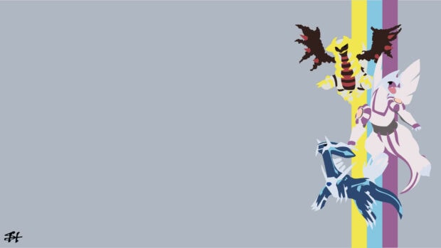 Giratina and other legendary Pok&eacute;mon standing with colorful stripes on a light gray background