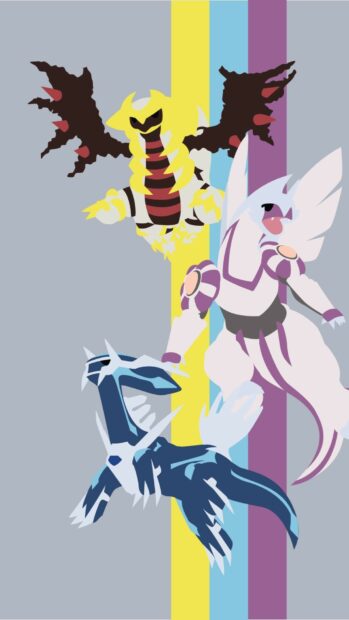 Giratina and its legendary Pok&eacute;mon companions in a dynamic minimalist style against colored stripes