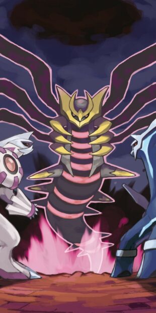 Giratina character appearing with Dialga and Palkia in an intense battle scene
