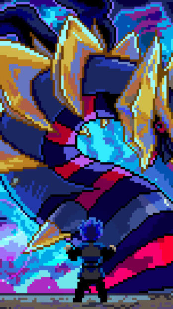 A pixel art character facing a giant Giratina in a vibrant cosmic setting