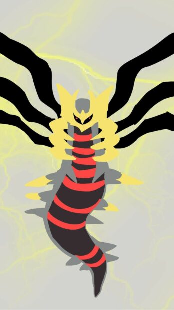 Giratina creature with black and red stripes and yellow horns floating on a light background