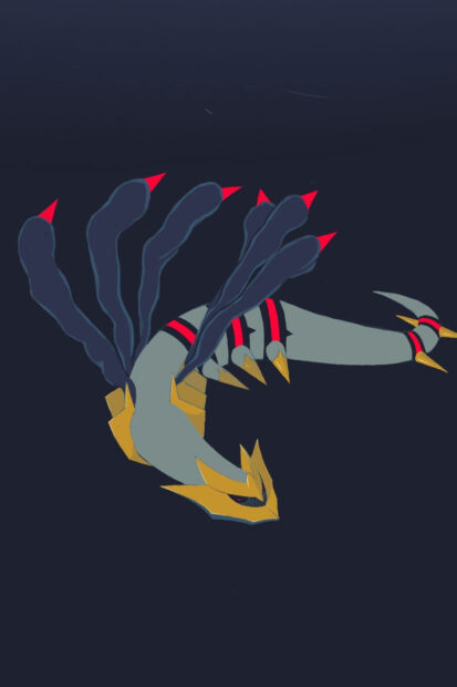 Giratina creature with dark tentacles and golden armor floating on a dark background