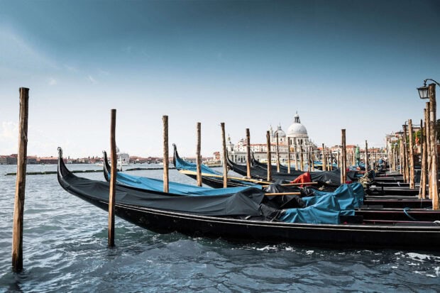 Row of gondola boats moored in Venice with historic buildings in the background