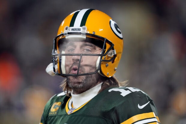 Close up of a Green Bay Packers player wearing a helmet during a game
