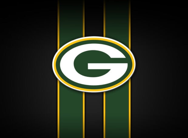 The Green Bay Packers logo with green and gold stripes on a dark background