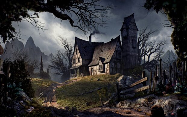 An eerie haunted house surrounded by dark twisted trees and misty mountains in the background