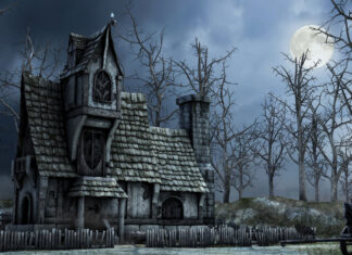 A haunted house surrounded by leafless trees under a full moon at night