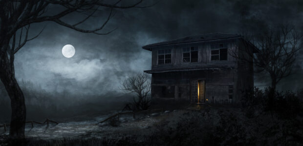 Haunted house with a glowing door under a full moon in a spooky landscape
