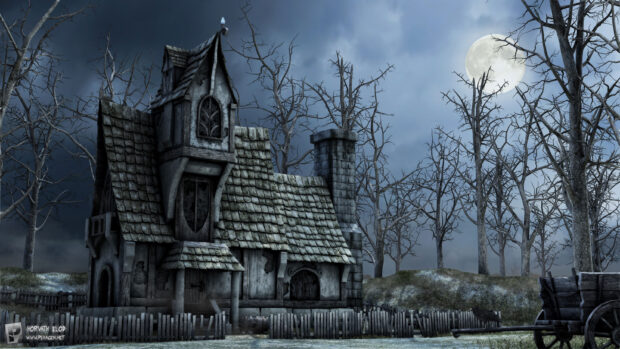 A haunted house surrounded by leafless trees under a full moon at night