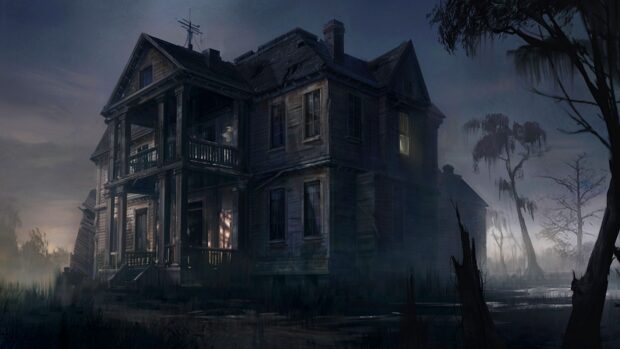 An eerie haunted house stands in the dark swamp surrounded by twisted trees and fog