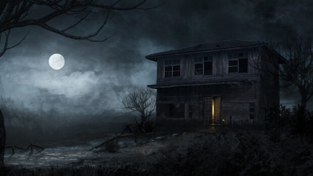 A haunted house stands dark under the full moon with a glowing door in a foggy landscape
