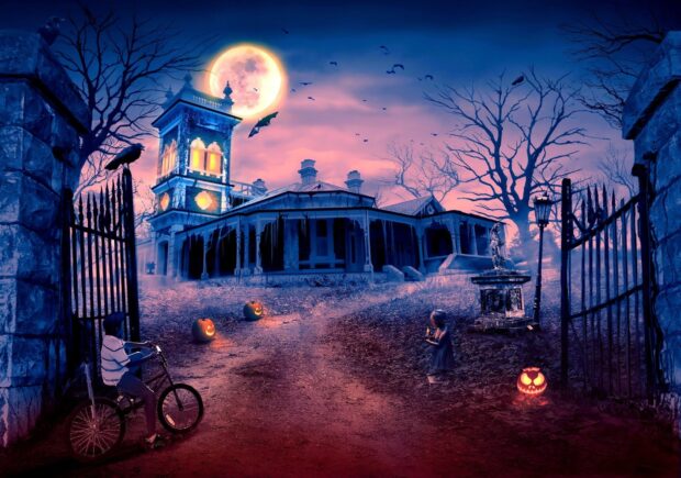 A haunted house surrounded by bare trees and glowing pumpkins under a full moon with a boy on a bicycle and a statue holding a candle