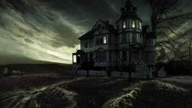 Old haunted house surrounded by eerie trees and cracked ground under dark stormy sky