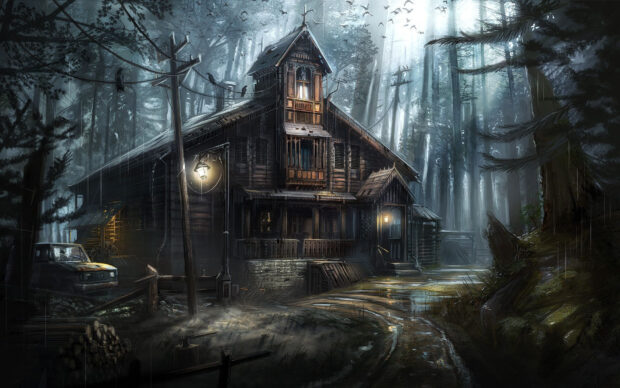 A haunted house surrounded by dark forest and crows in a spooky setting with wet ground