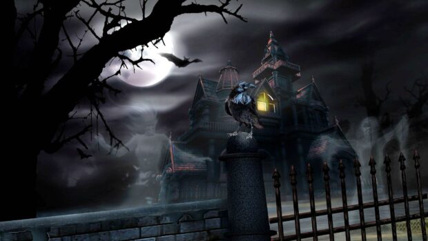 A haunted house with a crow perched on a pillar under a full moon and ghostly figures in the background
