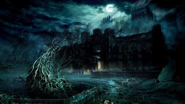 A haunted house with twisted tree roots and eerie fog under a full moon in a haunted house scene