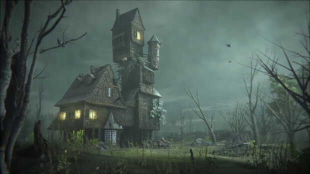 An eerie haunted house surrounded by bare trees and mist in a dark landscape