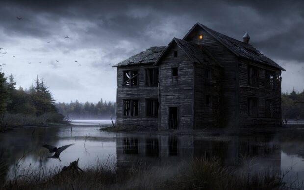 An eerie haunted house surrounded by water with broken windows and dark clouds