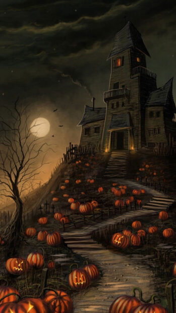 A haunted house surrounded by glowing pumpkins under a spooky full moon night
