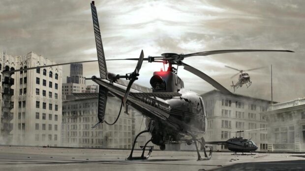 A helicopter landing on a city rooftop with helicopters flying over urban buildings