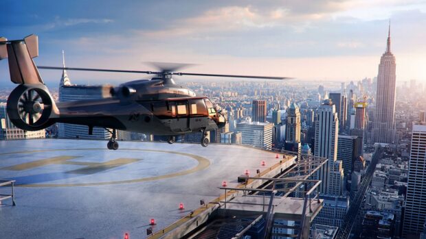 A helicopter landing on a rooftop helipad above a cityscape with skyscrapers in the background