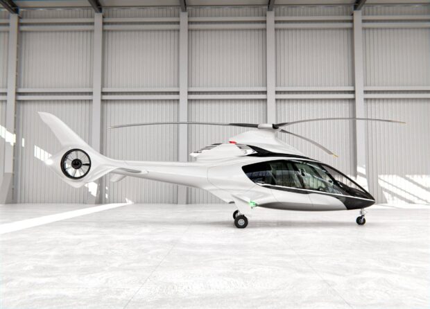 A sleek white helicopter parked inside a large hangar with clean modern design