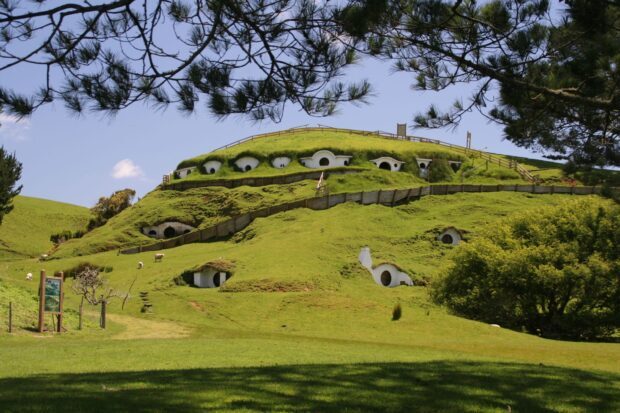 A scenic view of Hobbiton green hills with hobbit holes under trees and clear sky