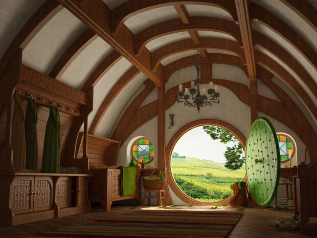 The cozy hobbit hole interior with wooden beams and a round door opening to lush green fields