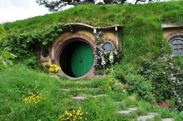 The hobbiton house with a round green door surrounded by lush grass and colorful flowers