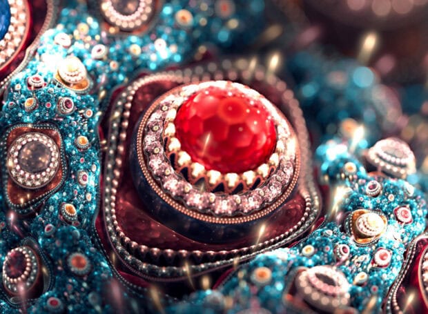 A detailed design of jewels featuring a large red jewel surrounded by intricate blue and gold jewels