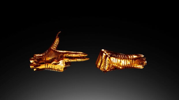 Golden hands sculpture as jewels with detailed textures on black background