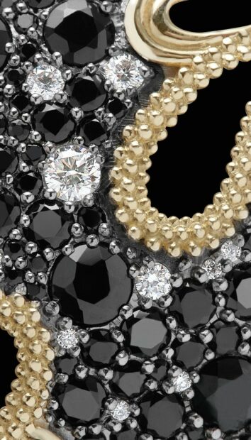 Close up of black and white jewels with golden accents in elegant jewelry design