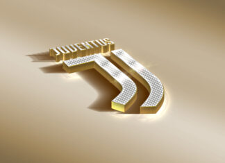 3D golden Juventus logo with shiny silver detailing on a smooth beige background