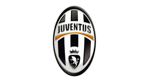 Juventus logo prominently displayed in black and white stripes with a golden curve