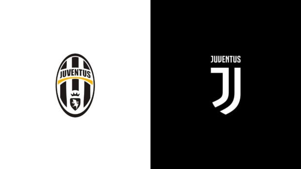 Juventus logo showing both old and new designs on a split black and white background