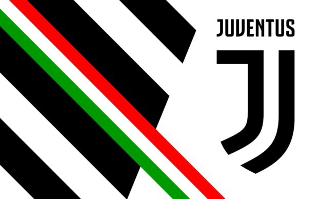 Juventus logo with black and white stripes and red and green accents