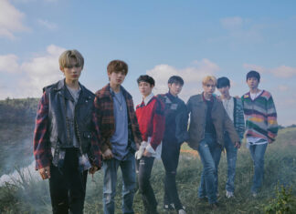 A K Pop group posing outdoors on a grassy hill under a blue sky