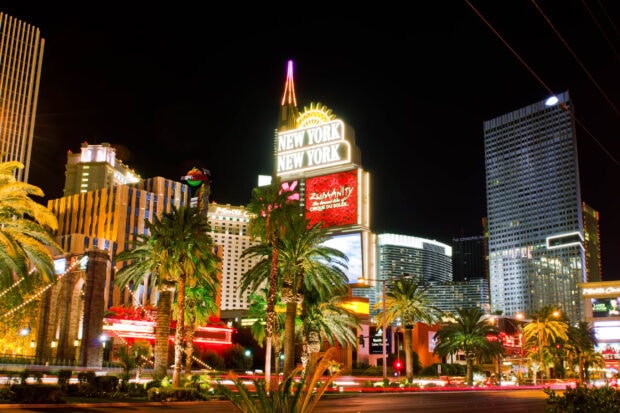 Night view of New York New York casino with palm trees on Las Vegas Strip