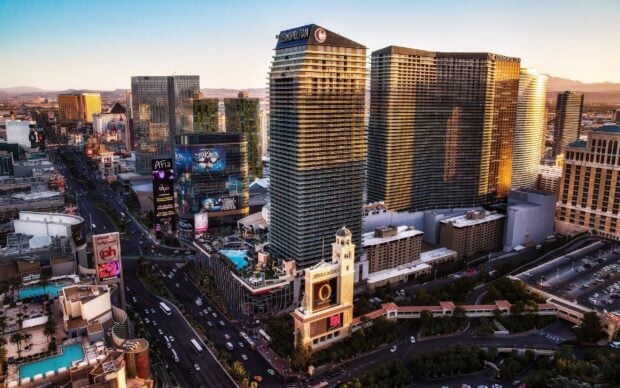 The Las Vegas Strip cityscape with The Cosmopolitan and Bellagio visible during sunset view