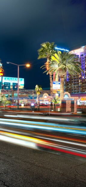 Nighttime cityscape with palm trees and bright lights along the Las Vegas Strip