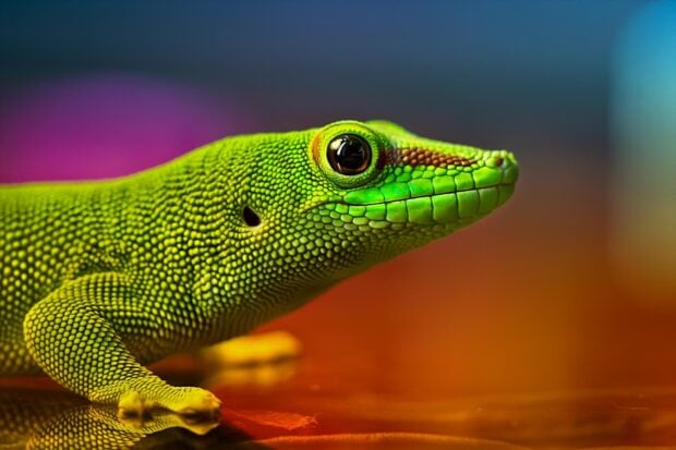 Close up of a green lizard with textured scales on a colorful surface