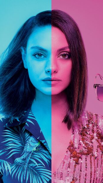 Mila Kunis wearing contrasting blue and pink lighting in a split portrait style